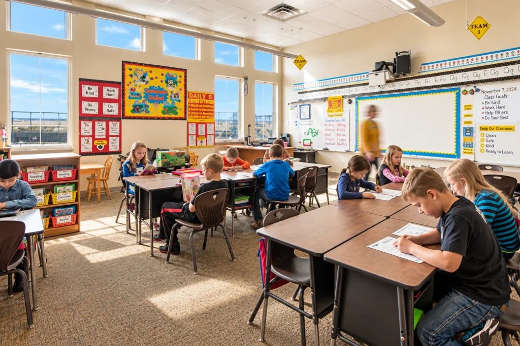 Elementary students working at their desks in a sunlit classroom