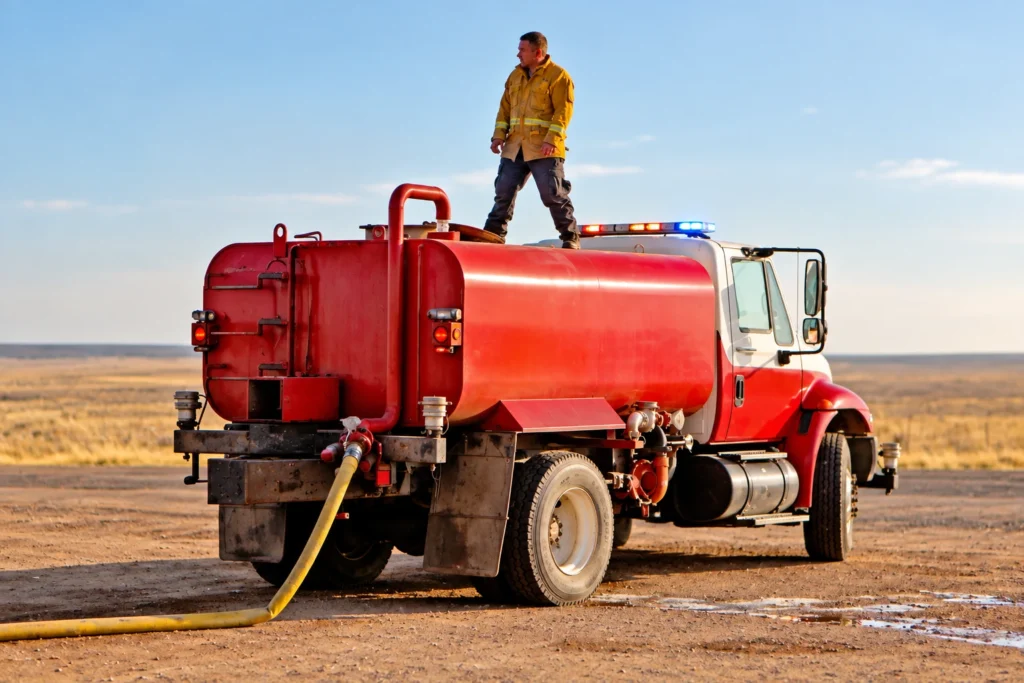 Firefighter standing on a red water tender truck on the open plains